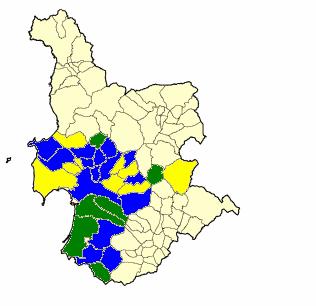 FIG. 1.E-2) INDICE DI CARICO DEI FIGLI PER DONNA IN ETA FECONDA: In giallo i comuni con indice da 16 ai 19, in blu i comuni da 8,3% al 15%, in rosso tutti gli altri Comuni 1. Villanova Truschedu 8.