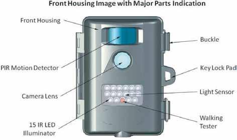3. Identificazione delle parti Foto Trappola Nsgc 2000 Traduzione: Front housing: coperchio frontale Pir motion detector: sensore di movimento Pir Camera lens: lenti della fotocamera 15 Ir
