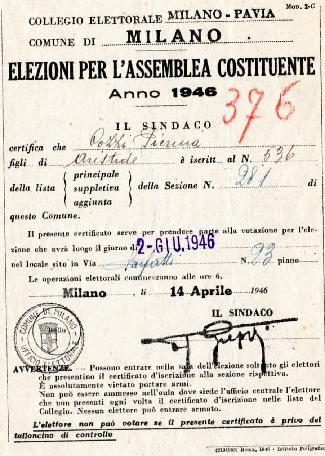 Direttore responsabile : Mario Borsa Certificato Elettorale Elezioni del 2 giugno 1946 per l Assemblea Costituente