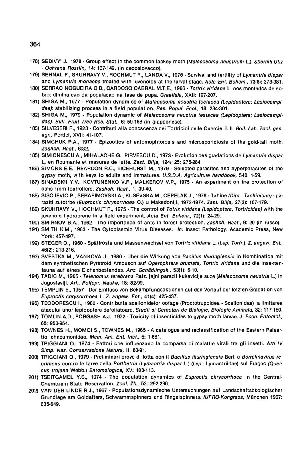 364 178) SEDIVY' J., 1978. Group effect In the common lackey moth (Malacosoma neustrlum L.). Sbornlk Utiz Ochrana Rostlln, 14: 137-142. (in cecoslovacco). 179) SEHNAL F., SKUHRAVY V., ROCHMUT R.