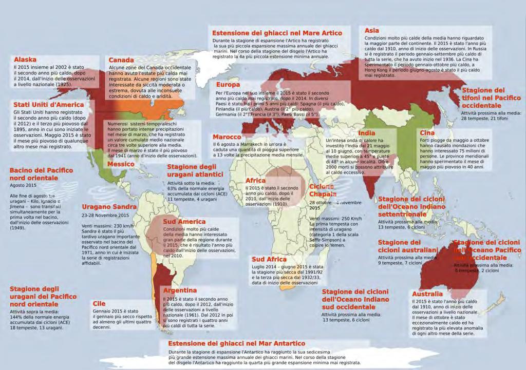 Principali anomalie climatiche nel corso del 2015 Fonte. NOAA. Elaborazione: ISPRA I valori medi delle precipitazioni sono stati inferiori alla norma 1961-1990.