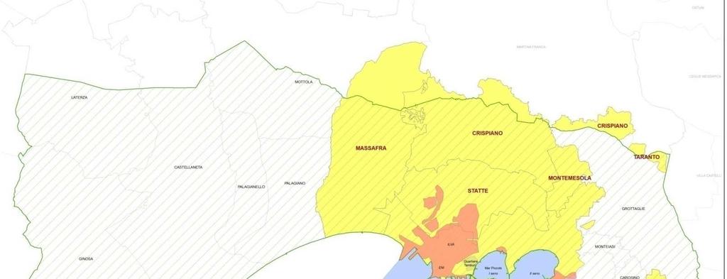 Area di crisi ambientale del territorio di Taranto Deliberazioni del Consiglio dei Ministri del 30/11/1990 e del 11/07/1997 Superfici Vista satellitare Arco Ionico Tarantino 1300 kmq circa SIN di