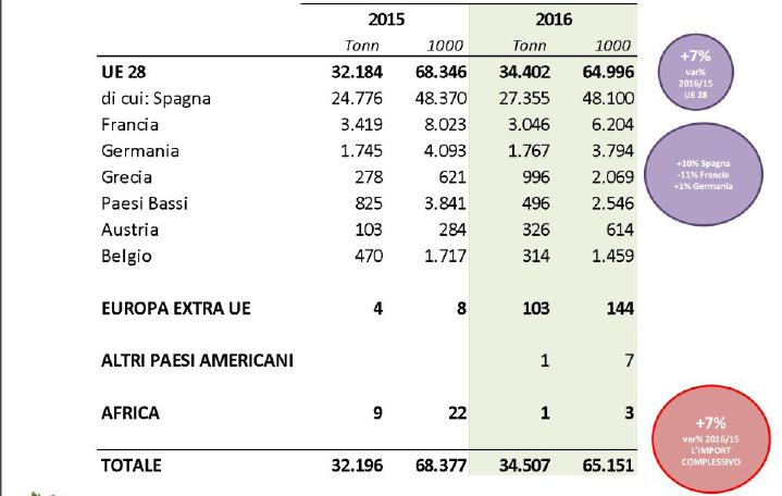 IMPORT: CONFRONTO PERIODO GENNAIO/NOVEMBRE 2015-16 Import complessivo in crescita nel 2016 del 7%. (+10% Spagna -11% Francia +1% Germania) + 7% var.