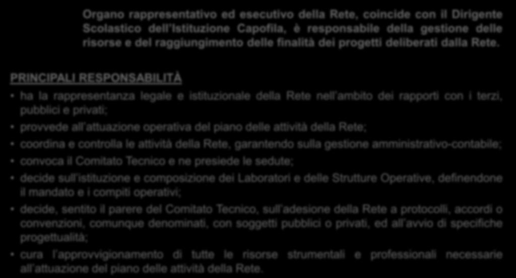 Sistema di Governance: Presidente PRESIDENTE Organo rappresentativo ed esecutivo della Rete, coincide con il Dirigente Scolastico dell Istituzione Capofila, è responsabile della gestione delle