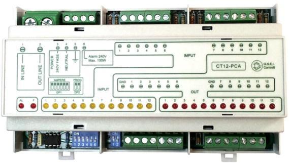 CT12-PC-A - Modulo per il controllo di 12 zone resistive con cicli logici e limite di potenza Dispositivo adatto a comandare tramite relè statici carichi resistivi scaldanti per il controllo della