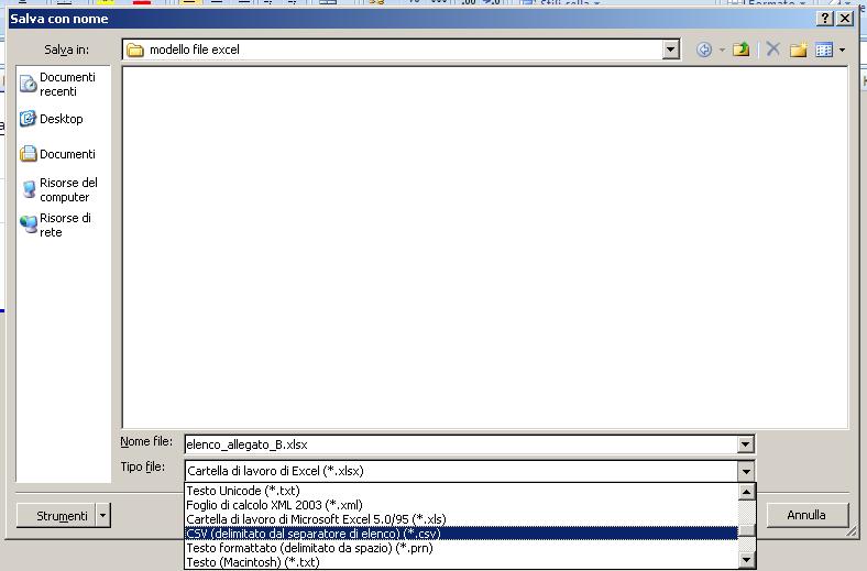 2.2 Salvataggio del file AllegatoB.xls in formato.csv Aprire nuovamente il file excel AllegatoB.xls Per salvare il file in formato.