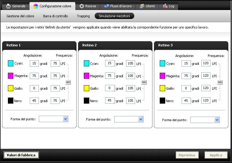 SIMULAZIONE MEZZITONI 72 SIMULAZIONE MEZZITONI Per le prove colore avanzate, la funzione Simulazione mezzitoni consente di generare una retinatura mezzitoni definita dall utente.