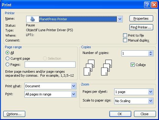 Stampa da MS Word alla stampante PlanetPress utilizzando le impostazioni di pagina 1) Assicurarsi di aver selezionato la