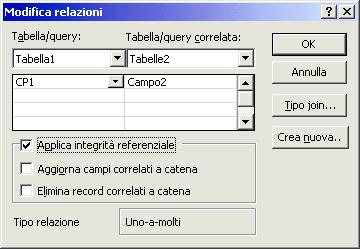 Modificare relazioni tra tabelle Applicare regole di integrità referenziale 1. Aprire la finestra di lavoro Relazioni. 2. Fare clic sulla linea che rappresenta la relazione da modificare. 3.