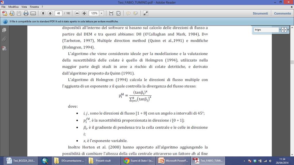 propagazione della colata (Corominas, 1996) Applicazione di algoritmi di flow direction (D8,