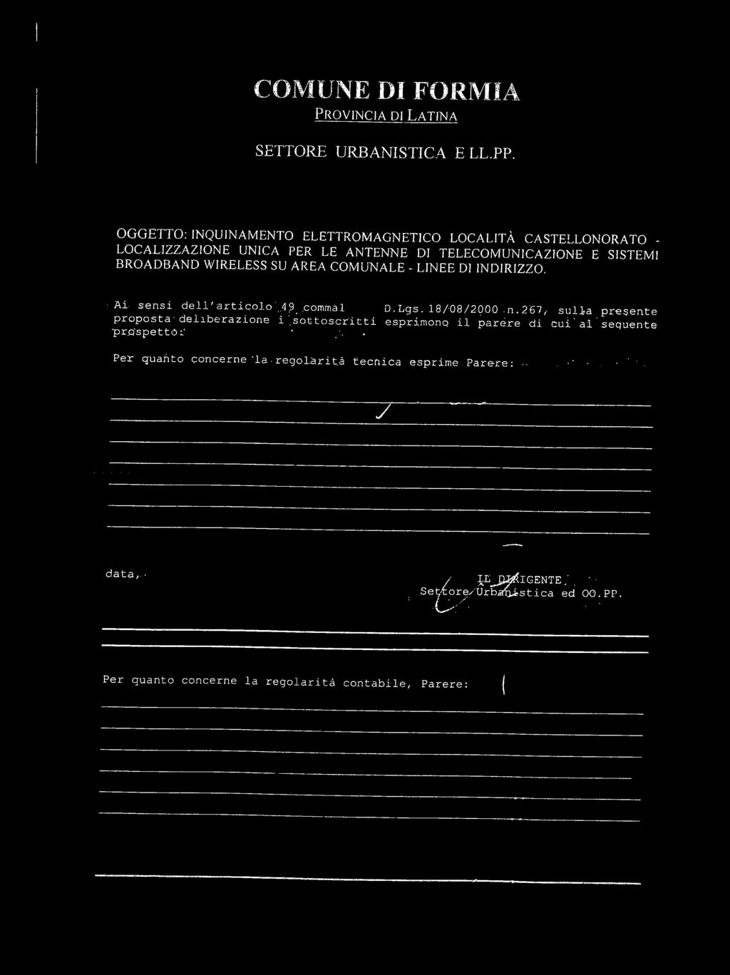 AREA COMUNALE - LINEE DI INDIRIZZO. : Ai. sensi dell'articoj.o'j3_.commal D.Lgs. 18/08/2Q00.n.267,- sulia presente proposta -deliberazione i'.