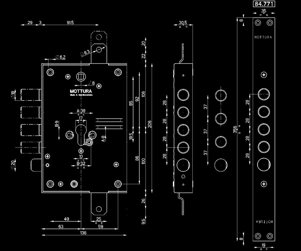 Serrature per cilindro europeo 84 con movimento ad ingranaggi per porte blindate Fissaggio cilindro con "Attacco Mottura 84.571 Caratteristiche Variazioni interassi:.../28 -.