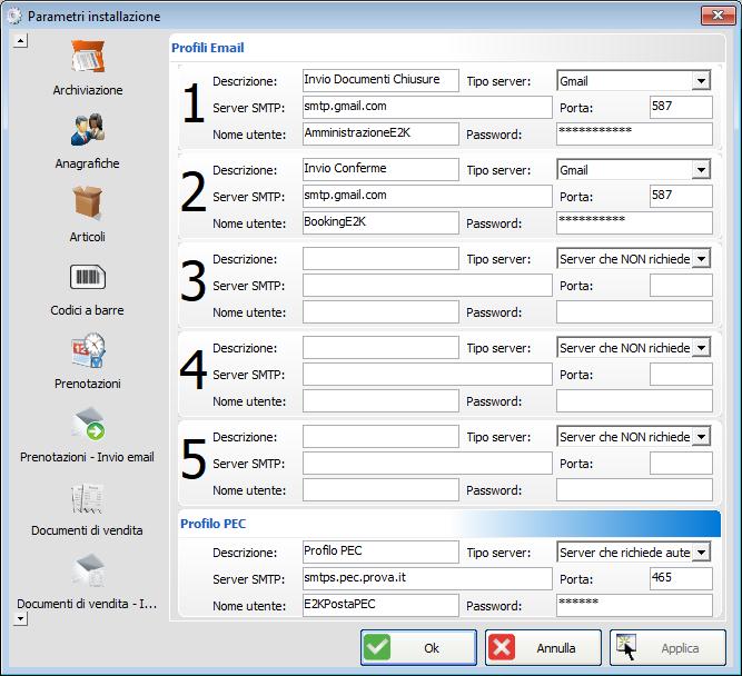 La configurazione dei profili e-mail è accessibile dal menu strumenti->parametri->parametri installazione. Scorrere l elenco fino a visualizzare la tab Profili Email.