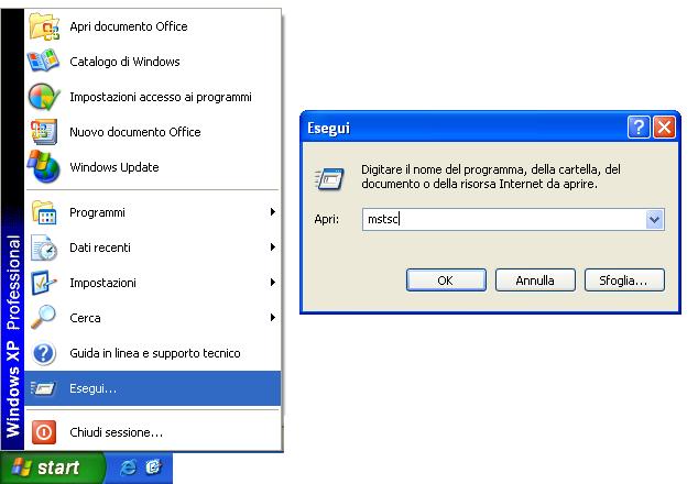 Figura 2 - Finestra Connessione desktop remoto Secondo metodo Selezionare il Menu Start e la voce Esegui Nella casella di testo della maschera Esegui digitare: mstsc Figura 3 - Avvio