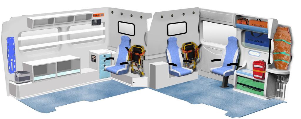 E400 CONFIGURAZIONE E400P1 Variante rispetto al modello di serie Alloggio per tavola spinale pediatrica su fiancata sinistra, mobile