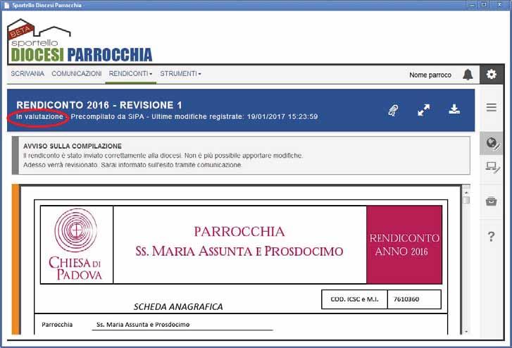 invia, inoltra il rendiconto alla diocesi; notare nella testata che lo stato è