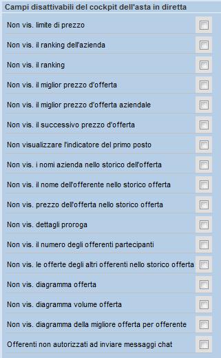 Impostazione criteri di visibilità Nella cartella View offerente è possibile selezionare le informazioni da non mostrare agli offerenti: Prezzo di riserva Rank della società Rank Migliore offerta