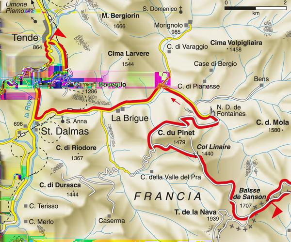 PERCORSO 7 TENDE BAISSE DE PEYREFIQUE Salendo da Saint Dalmas, poco prima del centro abitato di Tende (864 m), subito dopo aver attraversato il ponte sulla statale si devia a sinistra sulla stretta