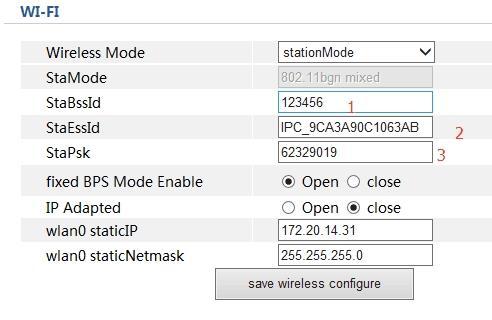 Modalità Station 1. StaBssId: mac address, non modificare 2. StaEssId: immettere l'id dell'account Wi-Fi a cui si collegherà la telecamera 3.