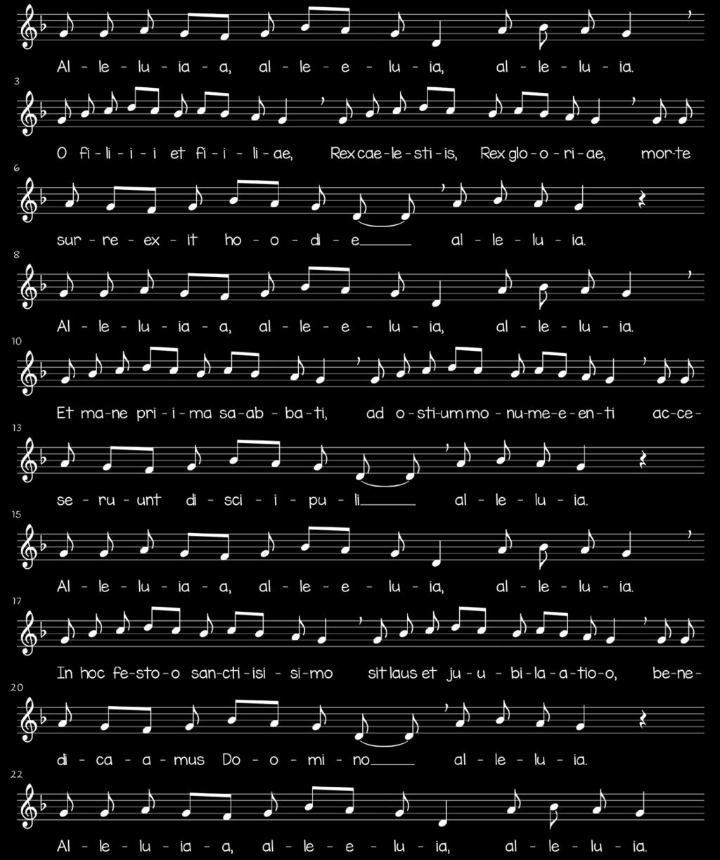 AL VANGELO: O filii et filiae (gregoriano) Trad. O figli e figlie, il Re del cielo, il Re della gloria, oggi è risorto da morte, alleluia!