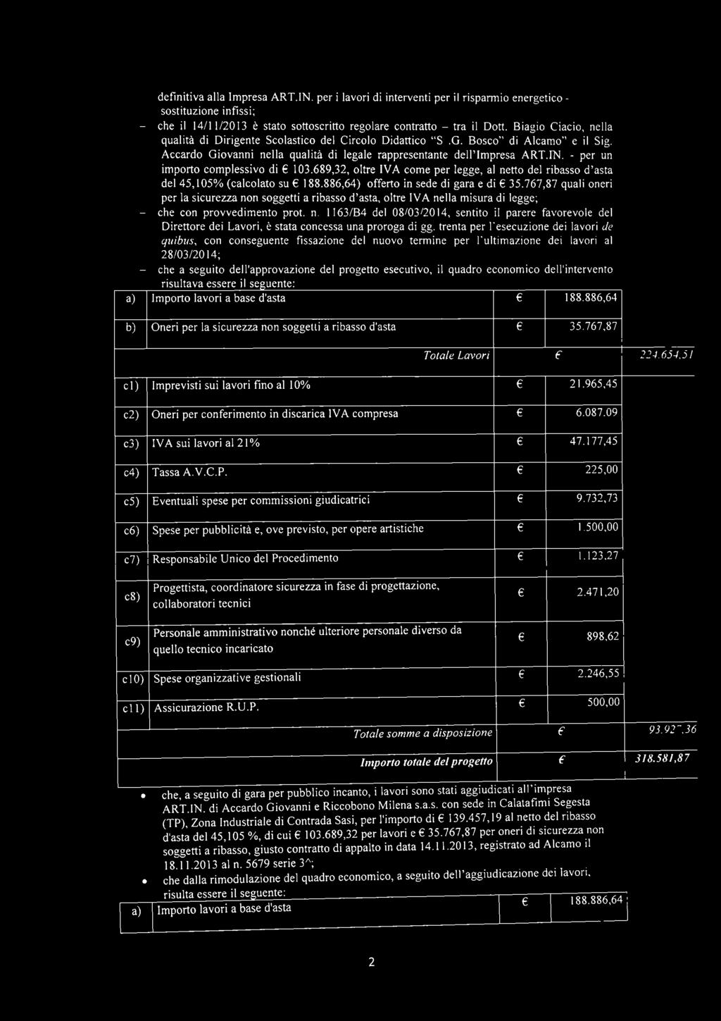 Circolo Didattico "S.G. Bosco" di Alcamo" il Sig. Accardo Giovanni nlla qualità di lgal rapprsntant dll'imprsa ART.m. - pr un importo complssivo di 103.