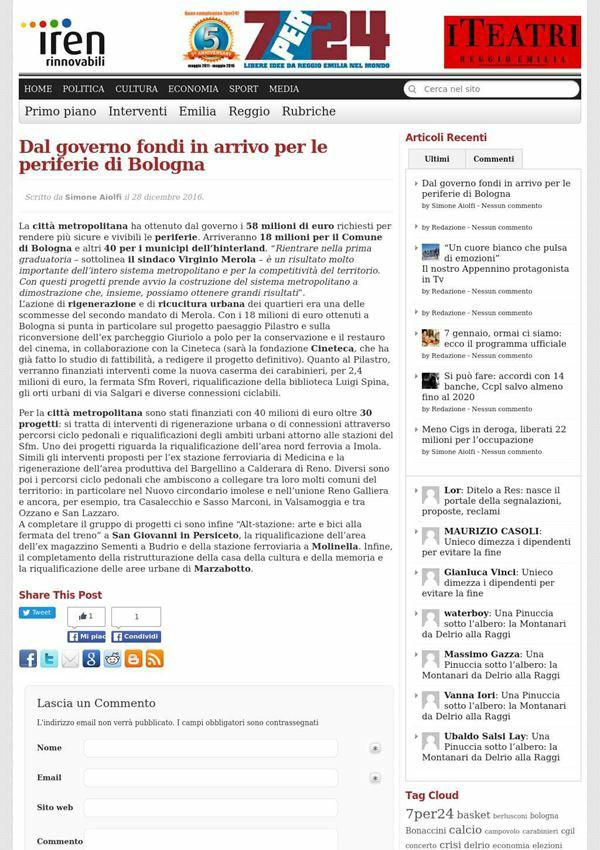 7per24 Dal governo fondi in arrivo per le periferie di Bologna La città metropolitana ha ottenuto dal governo i 58 milioni di euro richiesti per rendere più sicure e vivibili le periferie.