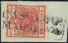A. G. s r l 1 LOMBARDO VENETO - 1850-15 cent rosso (3a - prima tiratura) appena corto a destra su frammento