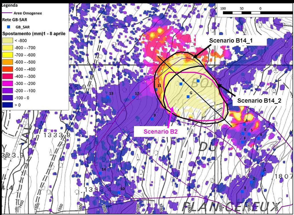 - la seconda sottozona si limita al settore a più elevata velocità (spostamenti cumulati in una settimana superiori a 800 mm) ed è definita scenario B14_2 Onde potere interpretare l andamento in