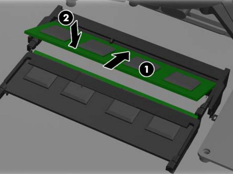 Passo 6 Per installare il nuovo modulo di memoria (s), far scorrere il SODIMM nella presa (s) con un angolo di circa 30 gradi, quindi premere il SODIMM verso