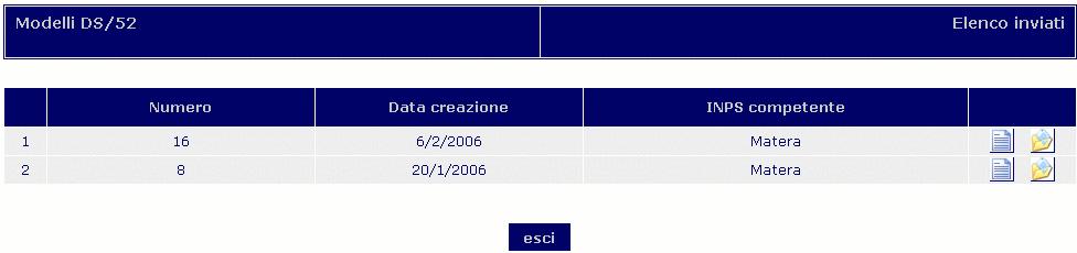 2 Visualizzazione dei modelli DS/52 inviati E possibile visualizzare i modelli DS/52 già stampati e inviati all INPS attraverso la voce di menu Lavoratore Modelli DS/52 Visualizza inviati.