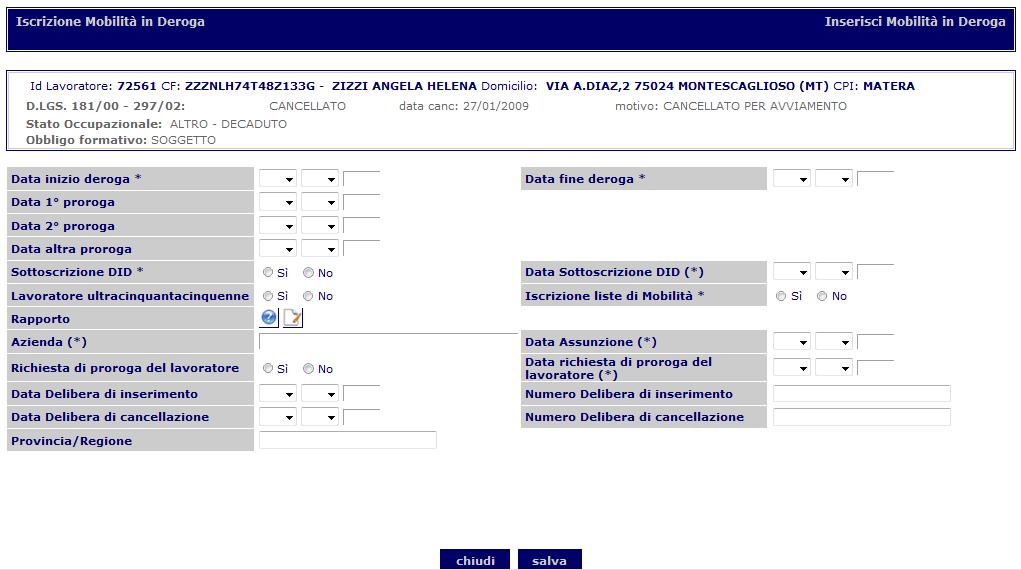 ricevuta in formato PDF Inserisci sospensione: permette di inserire la mobilità al lavoratore