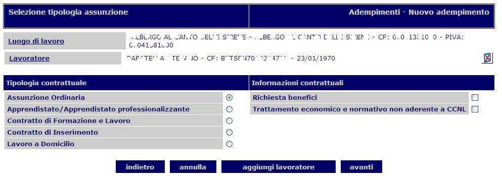 Adempimenti In caso non vi siano rapporti aperti, si procede con una comunicazione di assunzione: pertanto viene presentata all utente la scelta sul tipo di contratto (ordinario, apprendistato, etc.