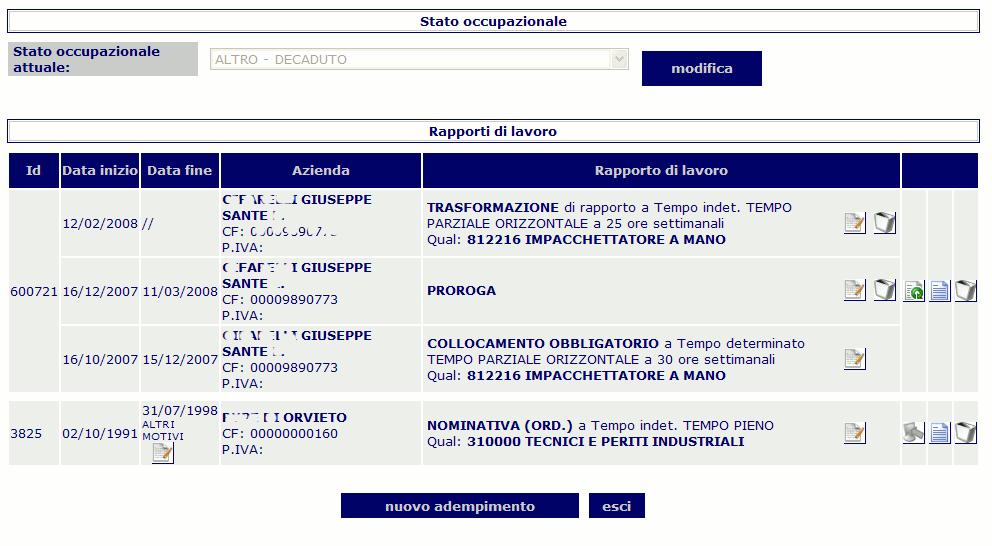 Operazioni sul Lavoratore 3.3.10 Storia lavorativa La sezione Storia lavorativa consente di visualizzare l intera storia lavorativa del lavoratore ed il suo attuale stato occupazionale.