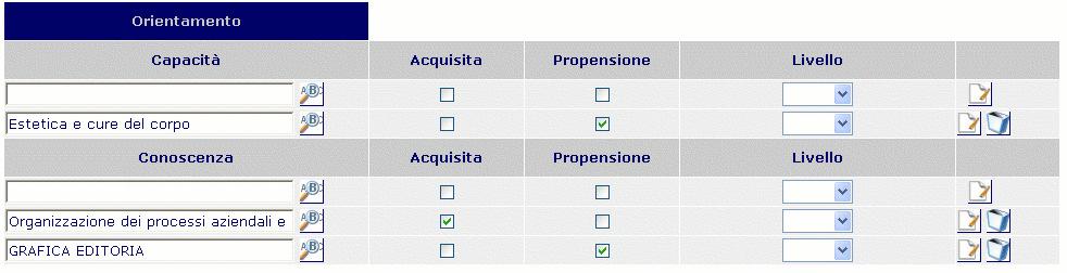 Operazioni sul Lavoratore Per ogni capacità o conoscenza è possibile indicare se è stata Acquisita (da formazione professionale, esperienza lavorativa, ecc) oppure se è una Propensione, e con quale