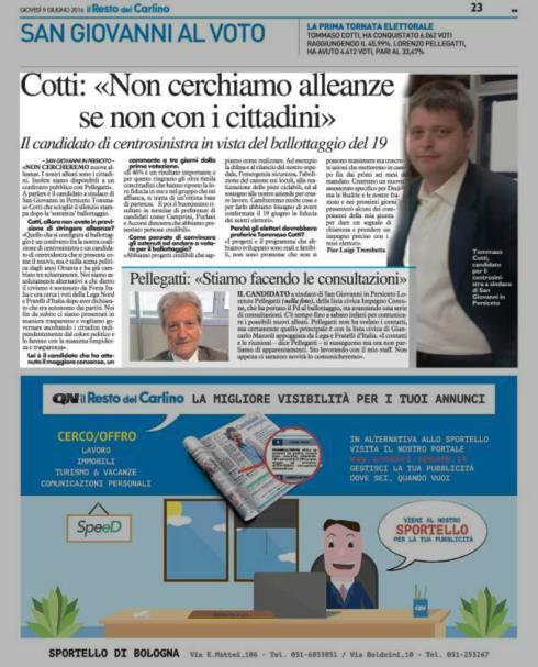 Pagina 23 Cotti: «Non cerchiamo alleanze se non con i cittadini» Il candidato di centrosinistra in vista del ballottaggio del 19 SAN GIOVANNI I N PERSICETO «NON CERCHEREMO nuove alleanze.