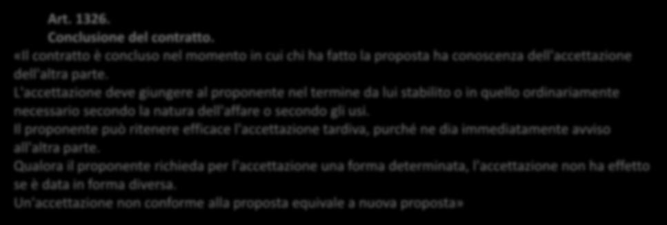 Art. 1326. Conclusione del contratto. «Il contratto è concluso nel momento in cui chi ha fatto la proposta ha conoscenza dell'accettazione dell'altra parte.