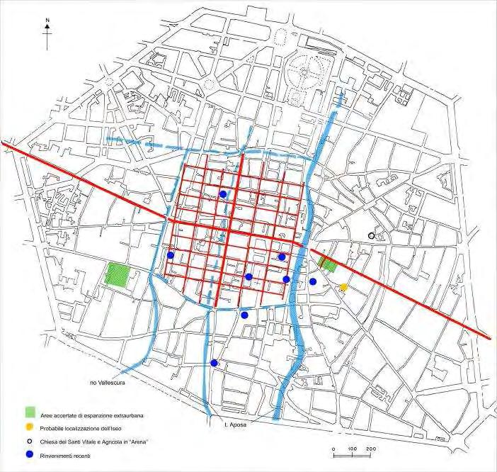 Fin dalle origini Bononia occupa un area all incirca quadrangolare, suddivisa in isolati rettangolari disposti nel senso della lunghezza, incentrati sul cardine massimo