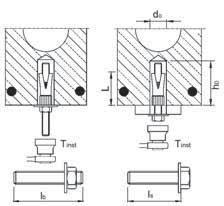 Installazione nella parte vuota Installazione nella parte piena t fi x = Spessore elemento da fi ssare b St = Larghezza anima d u = Spessore anima c Sp = Distanza dall armatura tesa b H = Dimensione