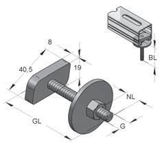 Vite con testa a martello Binari e accessori 45 Dati tecnici: Tipo binario: Profi lo-c 45 mm Materiale: Acciaio Modo di fi ssaggio: per connessione antiscorrimento su lato aperto Tipo materiale