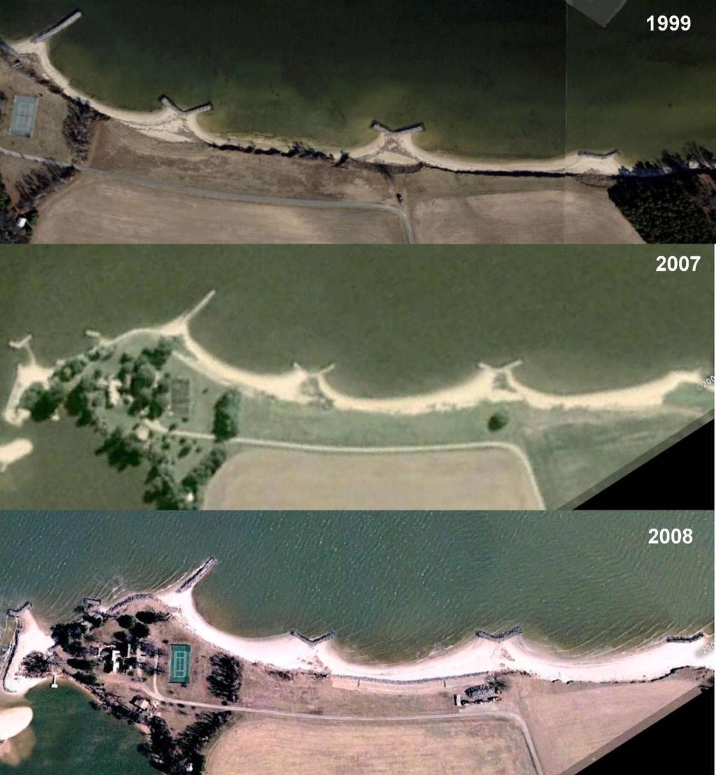 Figura 8 Esempio dell evoluzione di un litorale protetto da scogliere simili a quelle in progetto La scogliera sommersa ha sostanzialmente lo scopo di soffolcere la spiaggia artificiale.