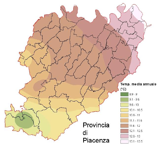 * * Figura 7.1.1 Temperatura media annuale ed escursione termica annuale in Provincia di Piacenza, periodo 1958-1983 (Quadro conoscitivo della Variante Adottata del PTCP di Piacenza, 2007).