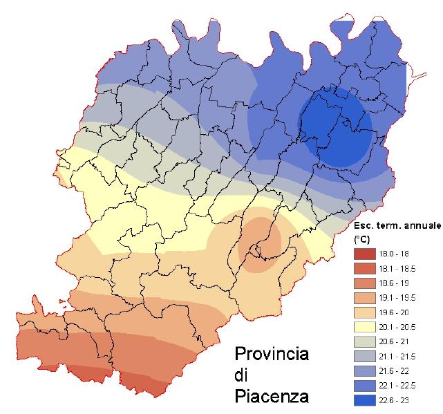 2 Temperatura media mensile ed escursione termica media giornaliera in Provincia di Piacenza, anno 2008 ( L andamento del clima sul territorio della Provincia di Piacenza Riepilogo anno 2008 ).