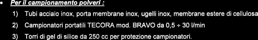 da 1 m (K 0,73) 3) Campionatori EGO 0,3 t 3 Ilmin 4) Torri di gel di silice da 250 cc per acqua.