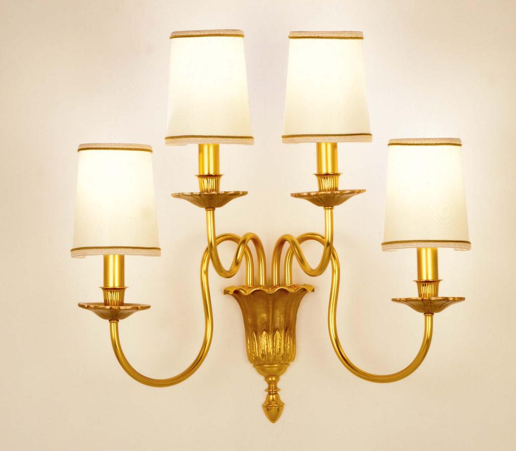 Wall lamp made of fine gold plated patinated brass with lost-wax casting detail and ivory coloured shades. h. (height) cm.