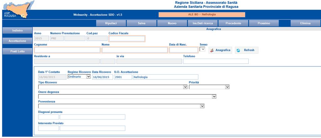 Per prima cosa è necessario ricercare il paziente: inserire cognome nome e/o data di nascita oppure il codice fiscale (i campi bordadi): si aprirà un elenco dei possibili pazienti: selezionare quello