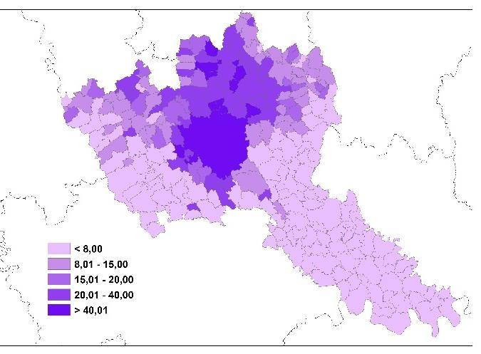 La densità produttiva dell area metropolitana Densità dei servizi alle imprese (unità locali/superficie comune - ul/kmq) Densità delle attività manifatturiere (unità locali/superficie comune -