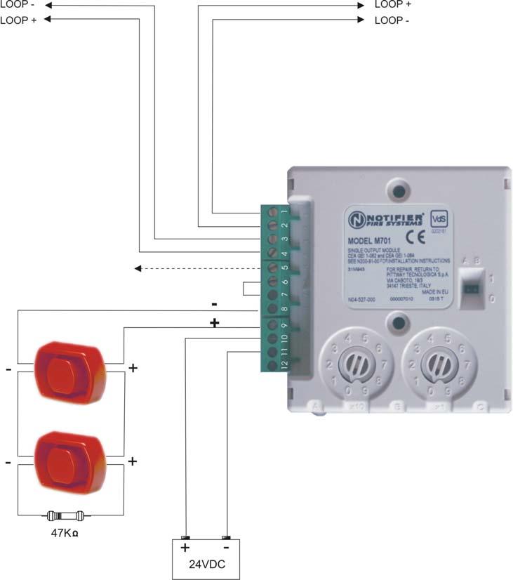 COLLEGAMENTO CON USCITA SUPERVISIONATA Programmare il modulo in centrale con Type id CON Alla centrale Ai dispositivi successivi sul loop Posizionare i dip switch A e B 