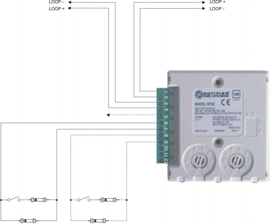 COLLEGAMENTI TIPICI PER IL MODULO A INGRESSO SINGOLO M70 E A DOPPIO INGRESSO M70 Collegamento a fili con ingresso conforme alla normativa EN 5. per dispositivi con contatti N.O. Programmare il modulo in centrale con Type id MON Alla centrale Ai dispositivi successivi sul loop N.