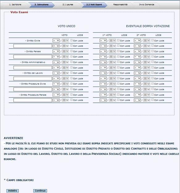 Istruzione-Voti esami Il processo di compilazione prevede come terzo step l inserimento dei dati relativi ai voti degli esami eseguiti (Figura 12).