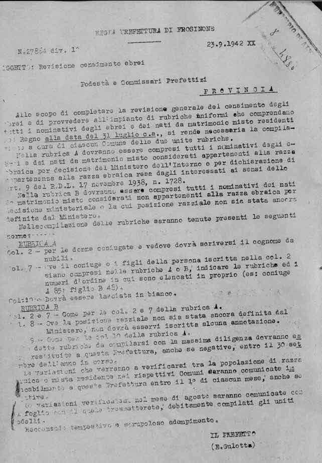 Circolare che prescrive la revisione del censimento degli Ebrei, e ordina che venga fatta comunicazione alla Prefettura, sulla presenza di Ebrei nel Comune.